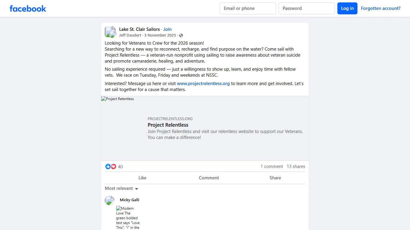 Lake St. Clair Sailors Looking for Veterans to Crew for the 2026 season Facebook